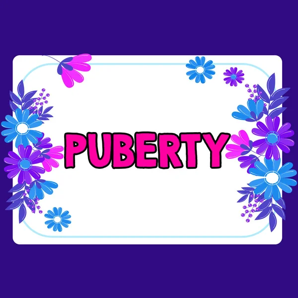 Text Showing Inspiration Puberty Concept Meaning Period Becoming First Capable — Foto Stock