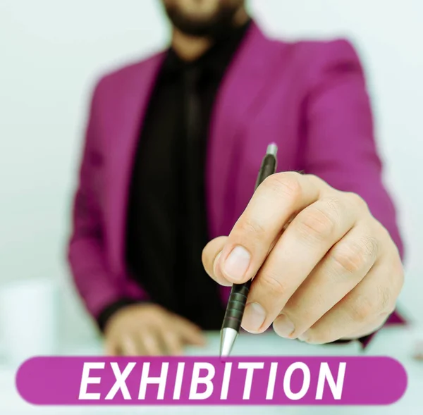 Text caption presenting Exhibition, Business overview and act of exposing something to audience, showing