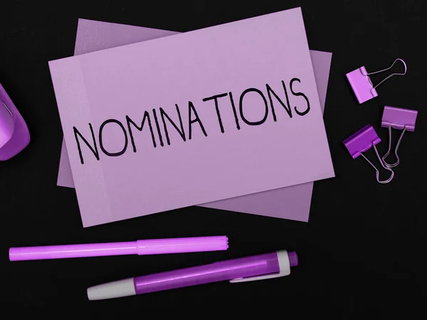 Text Sign Showing Nominations Business Showcase Act Officially Suggesting Someone — Foto de Stock