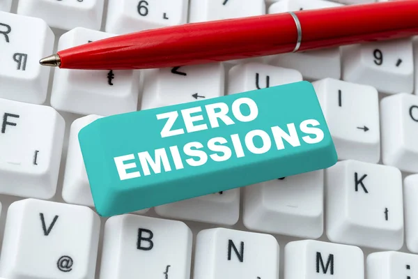 Schild Mit Der Aufschrift Zero Emissions Geschäftsvitrine Emittiert Keine Abfallprodukte — Stockfoto