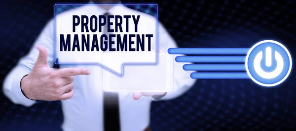 Hand writing sign Property Management, Business overview Overseeing of Real Estate Preserved value of Facility