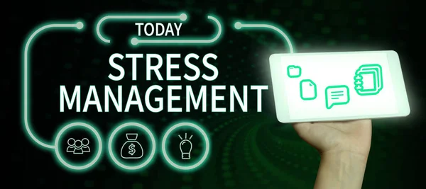 Semnul Scriere Mâinilor Managementul Stresului Afacerile Prezintă Modalități Învățare Comportamentului — Fotografie, imagine de stoc