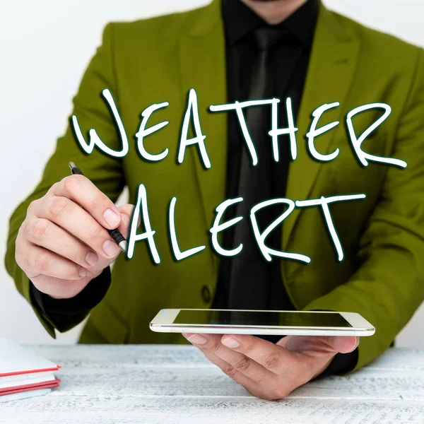 Texto Mostrando Inspiração Alerta Meteorológico Palavra Para Alerta Urgente Sobre — Fotografia de Stock