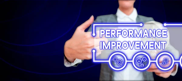 Hand Writing Sign Performance Improvement Business Overview Measure Modify Output — Stock Photo, Image
