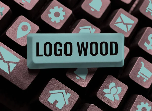 ロゴウッド コンセプトを提示するテキストキャプション木に刻まれた会社の認識可能なデザインやシンボルを意味します — ストック写真