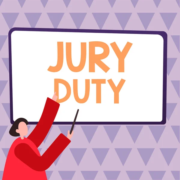 表明陪审团责任 关于义务的文字或作为陪审团成员在法庭上的一段时间的文字签名 — 图库照片
