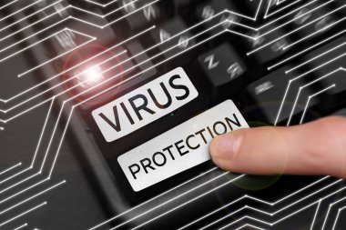Bilgisayarları kötü amaçlı yazılımdan korumak için tasarlanmış Virüs Koruma, İş konsepti programını sunan metin başlığı