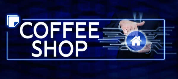 Szöveg Megjelenítése Kávézó Üzleti Kirakat Kis Informális Étterem Kávéval Könnyű — Stock Fotó