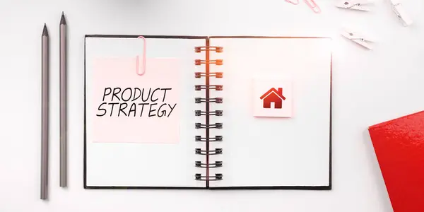 显示产品战略的文字标志 成功产品生产的概念图 长期计划开发 — 图库照片