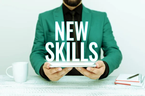 Text Sign Showing New Skills Word Recently Acquired Learned Abilities — Stok fotoğraf