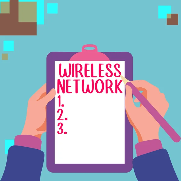 Text sign showing Wireless Network, Business approach computer network that uses wireless data connections