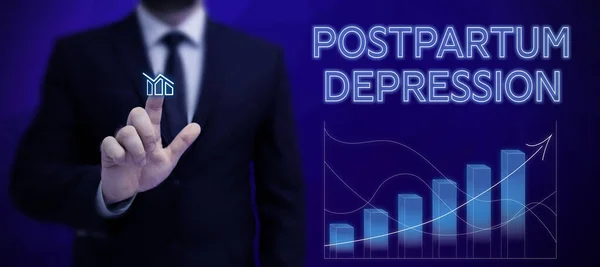 Text caption presenting Postpartum Depression, Business showcase a mood disorder involving intense depression after giving birth