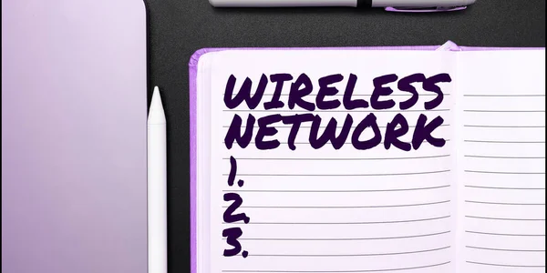 Text sign showing Wireless Network, Word for computer network that uses wireless data connections