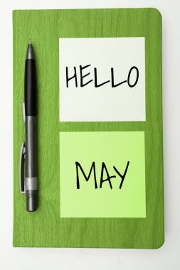 Yılın beşinci ayına ilham ve teşvikle hitap etmek için Hello May ve Business overview yazılı metin.