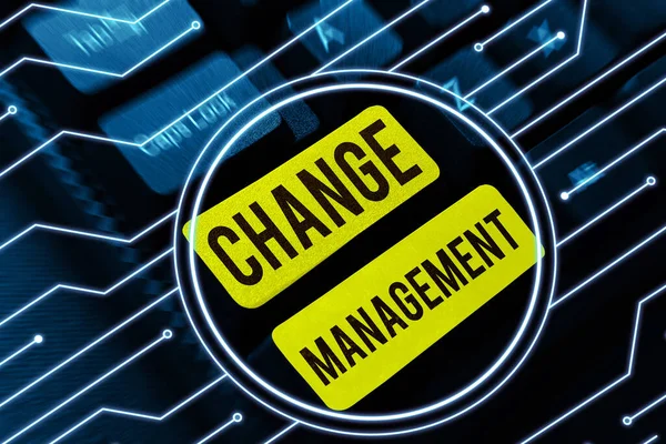 显示变革管理 业务理念的文字标志在一个组织中更换领导新政策 — 图库照片