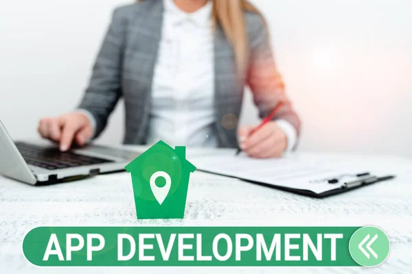 Σημάδι Κειμένου Δείχνει App Development Έννοια Που Σημαίνει Υπηρεσίες Ανάπτυξης — Φωτογραφία Αρχείου