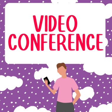 Video Konferansı sunan metin başlığı, uzak yerlerdeki iş konsepti insanları yüz yüze toplantılar düzenliyor