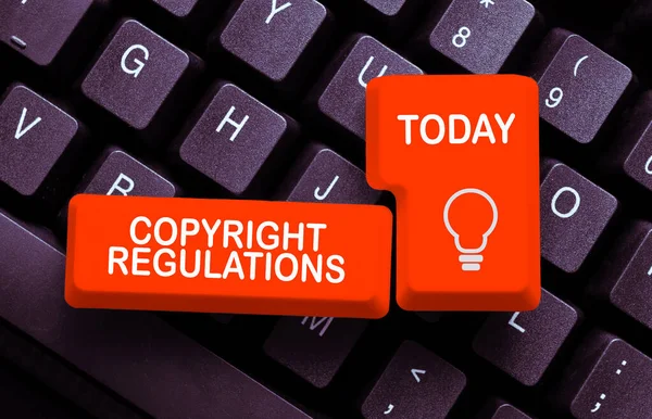 Hand Writing Sign Copyright Regulations Word Body Law Governs Original —  Fotos de Stock