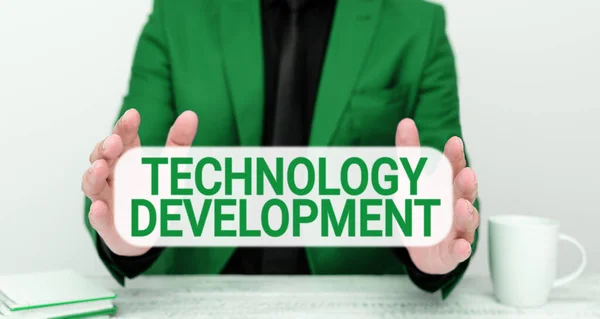 Textschild Für Technologieentwicklung Geschäftsbeispiel Technologische Veränderungen Von Produkten Und Dienstleistungen — Stockfoto