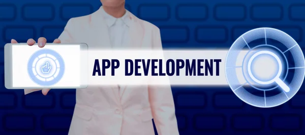 Концептуальный Дисплей App Development Business Showcase Development Services Awesome Mobile — стоковое фото