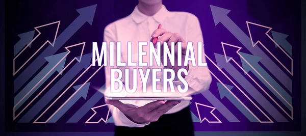 Sinal Texto Mostrando Millennial Buyers Palavra Para Tipo Consumidores Que — Fotografia de Stock