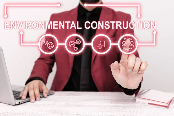 Conceptual caption Environmental Construction, Word for knowledgeable about sustainable building practice