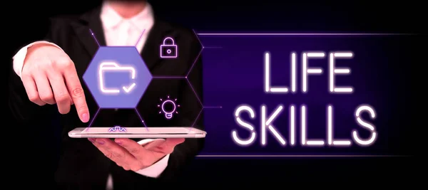 Text Sign Showing Life Skills Business Concept Necessary Desirable Full —  Fotos de Stock