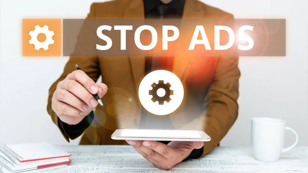 Написание Отображения Текста Stop Ads Бизнес Концепция Программы Которая Удалит — стоковое фото