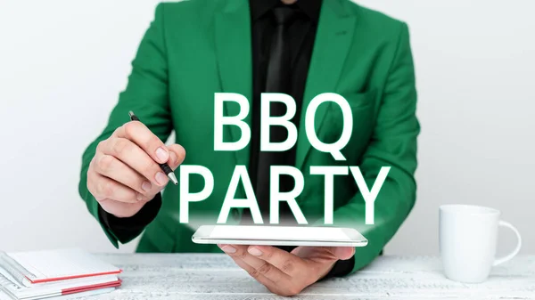 Fogalmi Megjelenítés Bbq Party Internet Concept Általában Szabadban Füstölve Hús — Stock Fotó