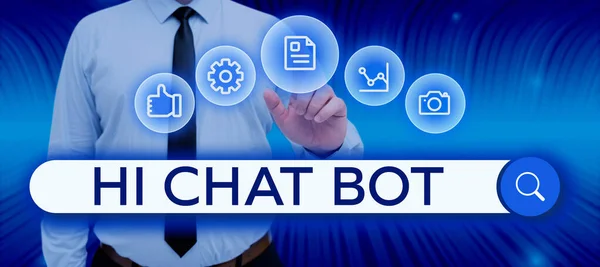 概念表示 Hichat Bot Internet Concept送信されたメッセージに応答するロボットマシンへの挨拶 — ストック写真