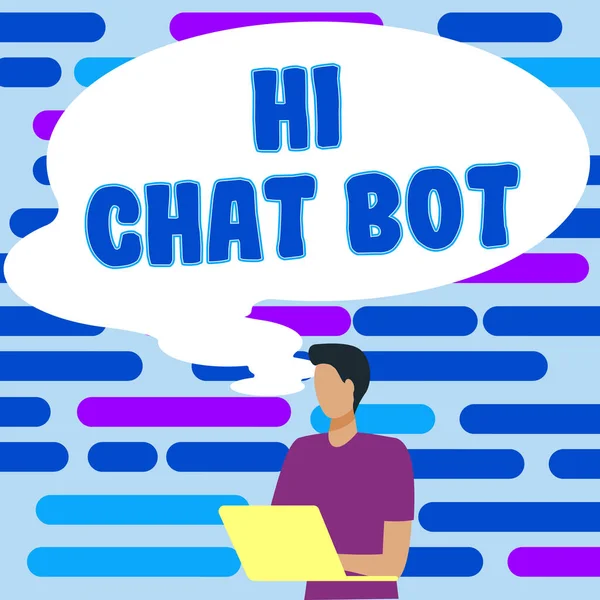 こんにちはチャットボット ビジネスアイデアを提示するテキストキャプション送信されたメッセージに応答するロボットマシンへの挨拶 — ストック写真
