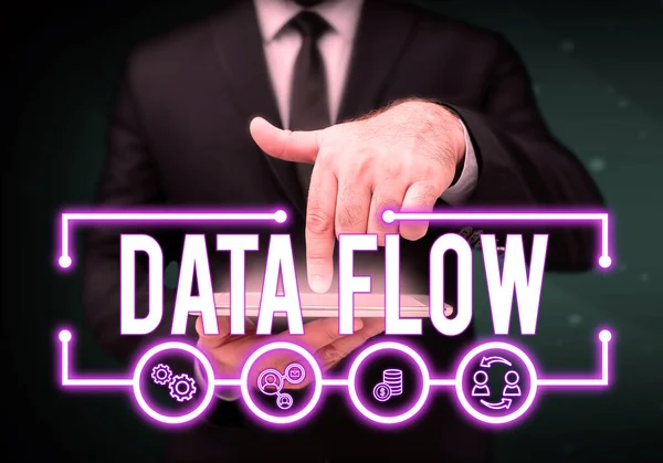 データフローを示すテキストキャプション ビジネス概念ソフトウェアで構成されるシステムを介してデータの動き — ストック写真