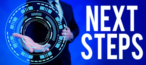 Text Sign Showing Next Steps Business Showcase Numper Process Going —  Fotos de Stock