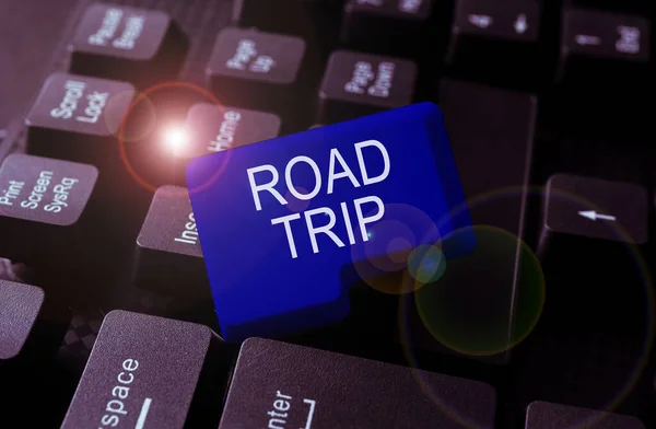 stock image Text sign showing Road Trip, Business concept Roaming around places with no definite or exact target location