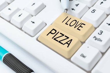 I Love Pizza 'yı sunan metin başlığı, iş genel değerlendirmesi dilimlenmiş peynirli salamlı İtalyan yemeğine kadar.