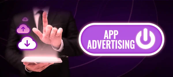Sinal Texto Mostrando App Advertising Desenvolvedores Ideias Negócios São Pagos — Fotografia de Stock