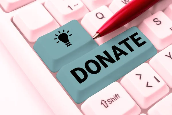 寄付を示すテキストキャプション 寄付や慈善団体や人々のための良い原因のためのお金や商品を与えるに書かれた言葉 — ストック写真