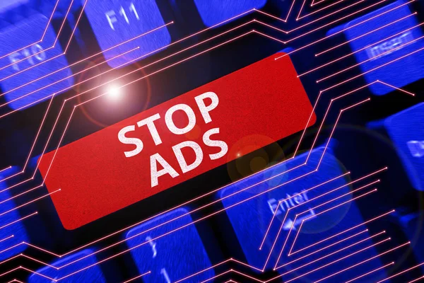 Написание Отображения Текста Stop Ads Business Overview Program Remove Different — стоковое фото