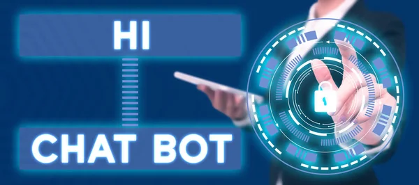 Escrevendo Exibindo Texto Chat Bot Conceito Negócio Saudação Máquina Robô — Fotografia de Stock