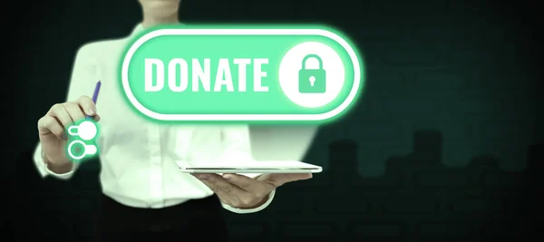 Znak Tekstowy Pokazujący Ofiarować Koncepcja Oznacza Dać Pieniądze Lub Towary — Zdjęcie stockowe
