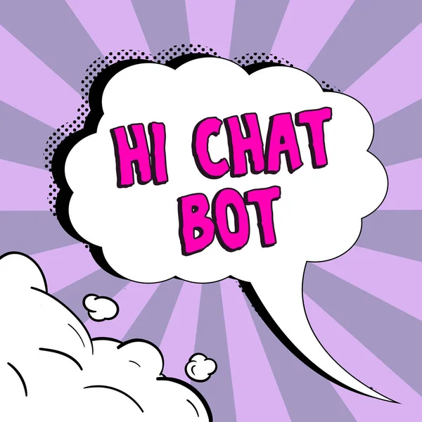 こんにちはチャットボット ビジネスアイデアを表示するサイン送信されたメッセージに応答するロボットマシンへの挨拶 — ストック写真