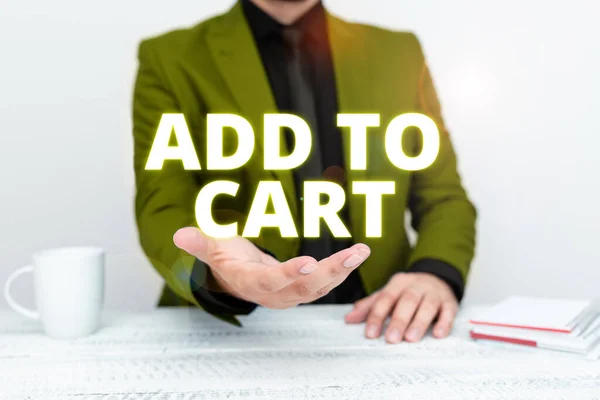 手書きサインカートに追加 ビジネスアイデアオンラインショッピングに電子商取引の近代的な技術 — ストック写真