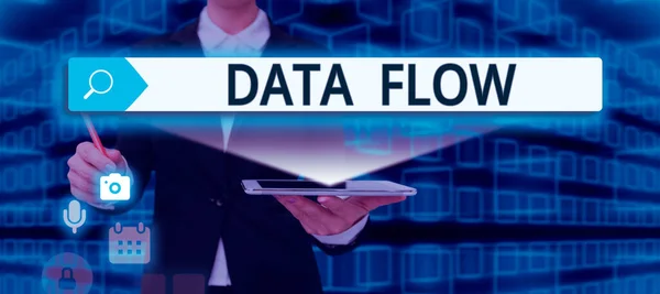 Conceptual Caption Data Flow Concepto Negocio Movimiento Datos Través Sistema — Foto de Stock