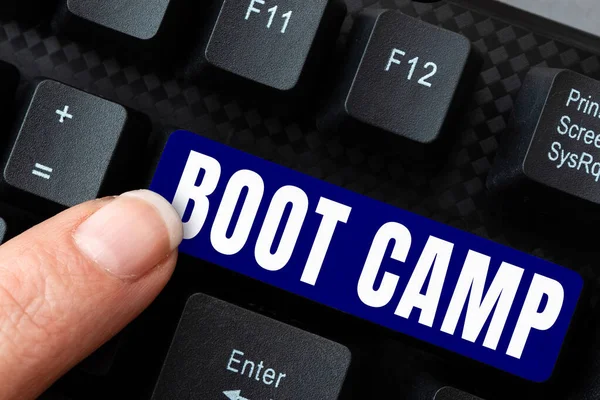 Ręczne Pisanie Znaku Boot Camp Przegląd Biznesowy Wojskowy Obóz Treningowy — Zdjęcie stockowe