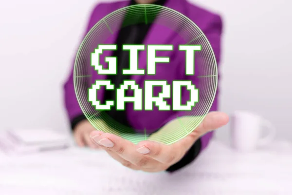 Sign Displaying Gift Card Word Present Usually Made Paper Contains — Foto Stock