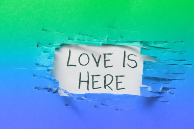 Aşkın burada olduğunu gösteren metin işareti, kavramsal fotoğraf romantik duygu, olumlu ifade, neşe