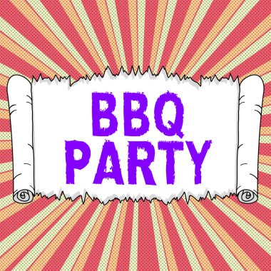 El yazısı tabelası BBQ Party, iş vitrinleri genellikle ahşap veya kömür üzerinde et tüttürerek yapılır.