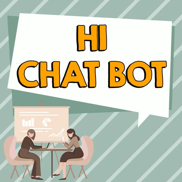 こんにちはチャットボットを示すテキスト記号 送信されたメッセージに応答するロボットマシンへの挨拶のための単語 — ストック写真