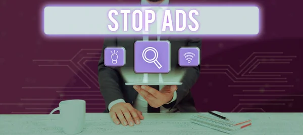 Handschrift Tekst Stop Advertenties Concept Betekenis Programma Dat Verschillende Soorten — Stockfoto