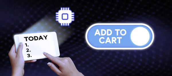 テキストを表示する書き込みカートに追加 オンラインで購入するための単語ショッピングする近代的な技術 — ストック写真